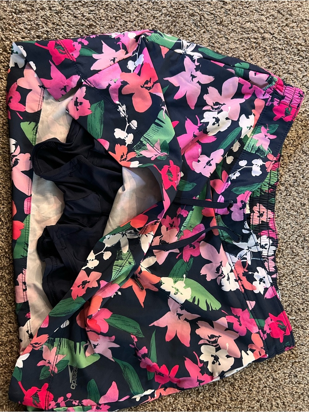 Speedo Navy Floral Athletic Swim Shorts with Pink & Green Print